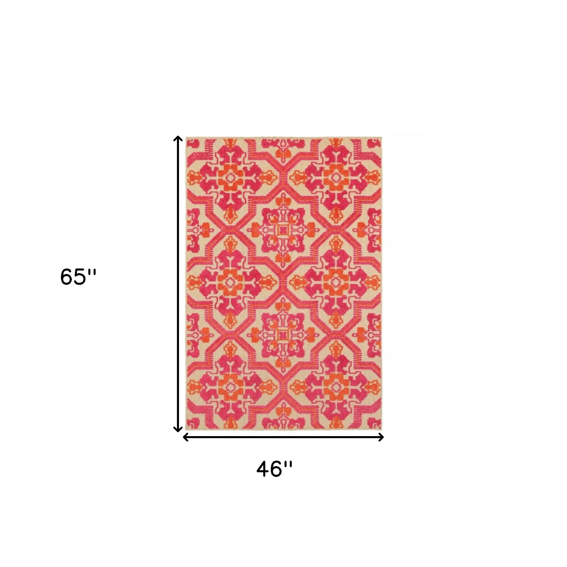 4' X 5' Pink and Orange Medallion Indoor Outdoor Area Rug Homeroots Outdoor