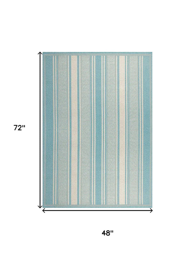 4' X 6' Aqua And Beige Striped Indoor Outdoor Area Rug Homeroots Outdoor