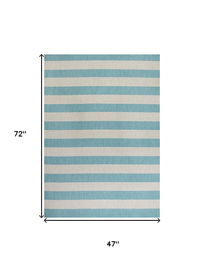 4' X 6' Aqua And Cream Striped Indoor Outdoor Area Rug Homeroots Outdoor