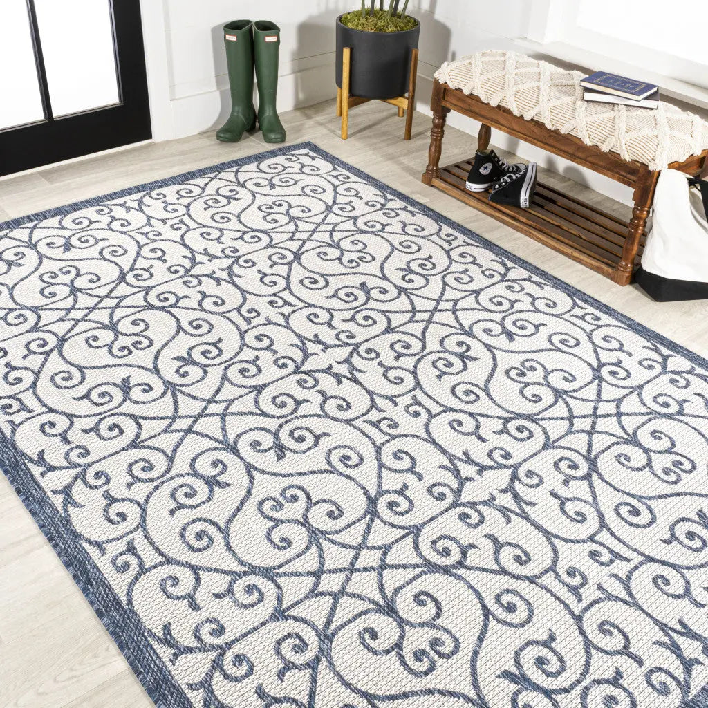 4' X 6' Blue And Cream Geometric Indoor Outdoor Area Rug Homeroots Outdoor