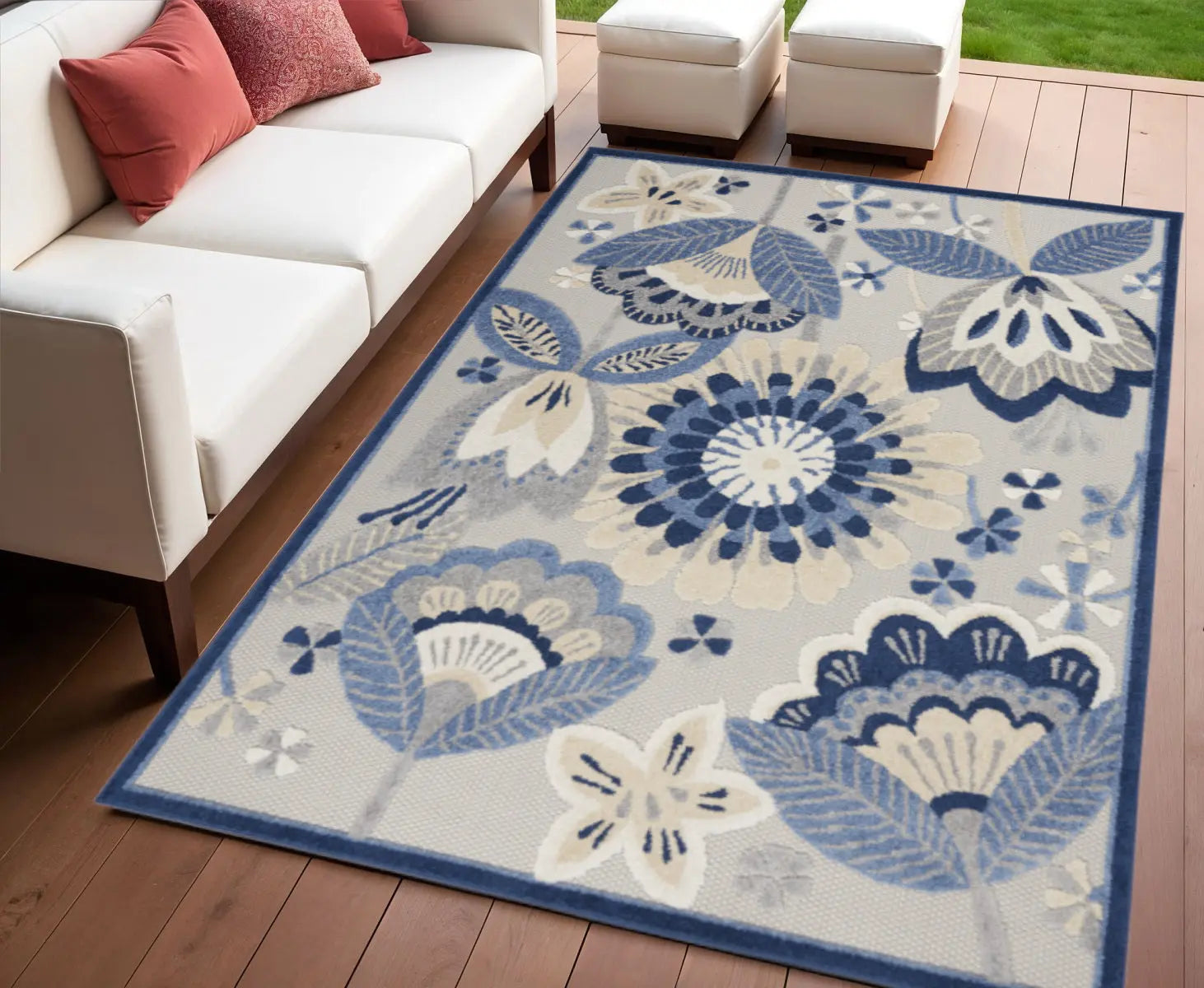 4' X 6' Blue And Gray Floral Indoor Outdoor Area Rug Homeroots Outdoor