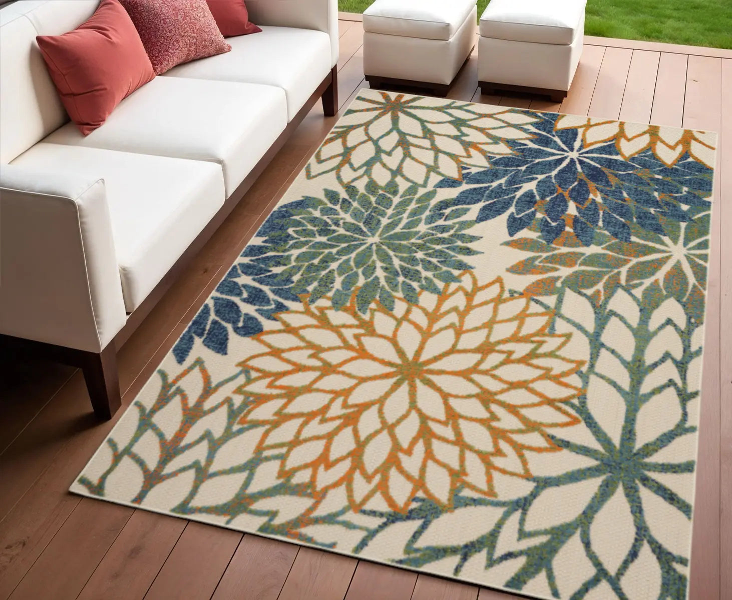 4' X 6' Blue And Green Floral Indoor Outdoor Area Rug Homeroots Outdoor
