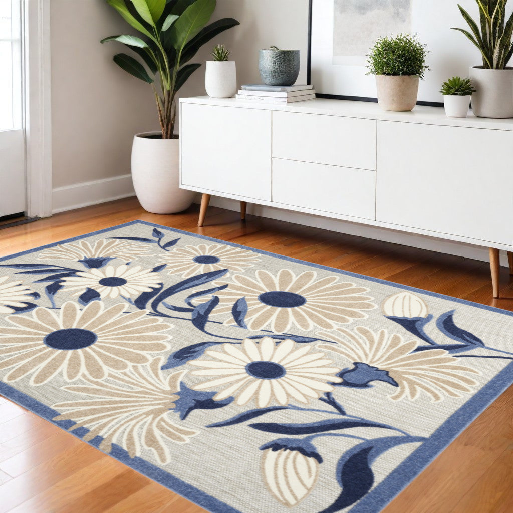 4' X 6' Blue And Grey Floral Stain Resistant Non Skid Area Rug Homeroots Outdoor