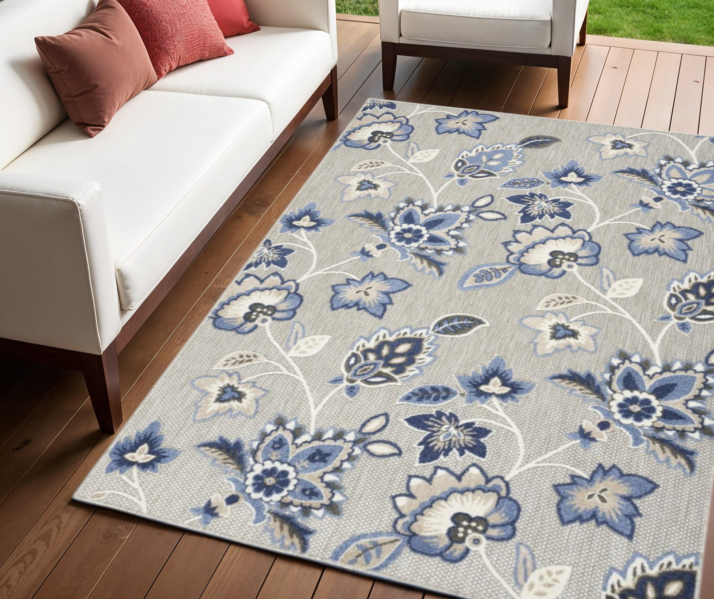 4' X 6' Blue And Grey Floral Stain Resistant Non Skid Area Rug Homeroots Outdoor