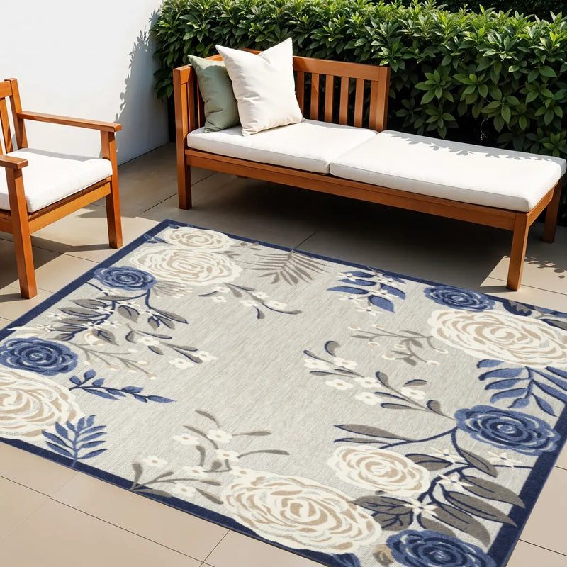 4' X 6' Blue And Grey Floral Stain Resistant Non Skid Area Rug Homeroots Outdoor