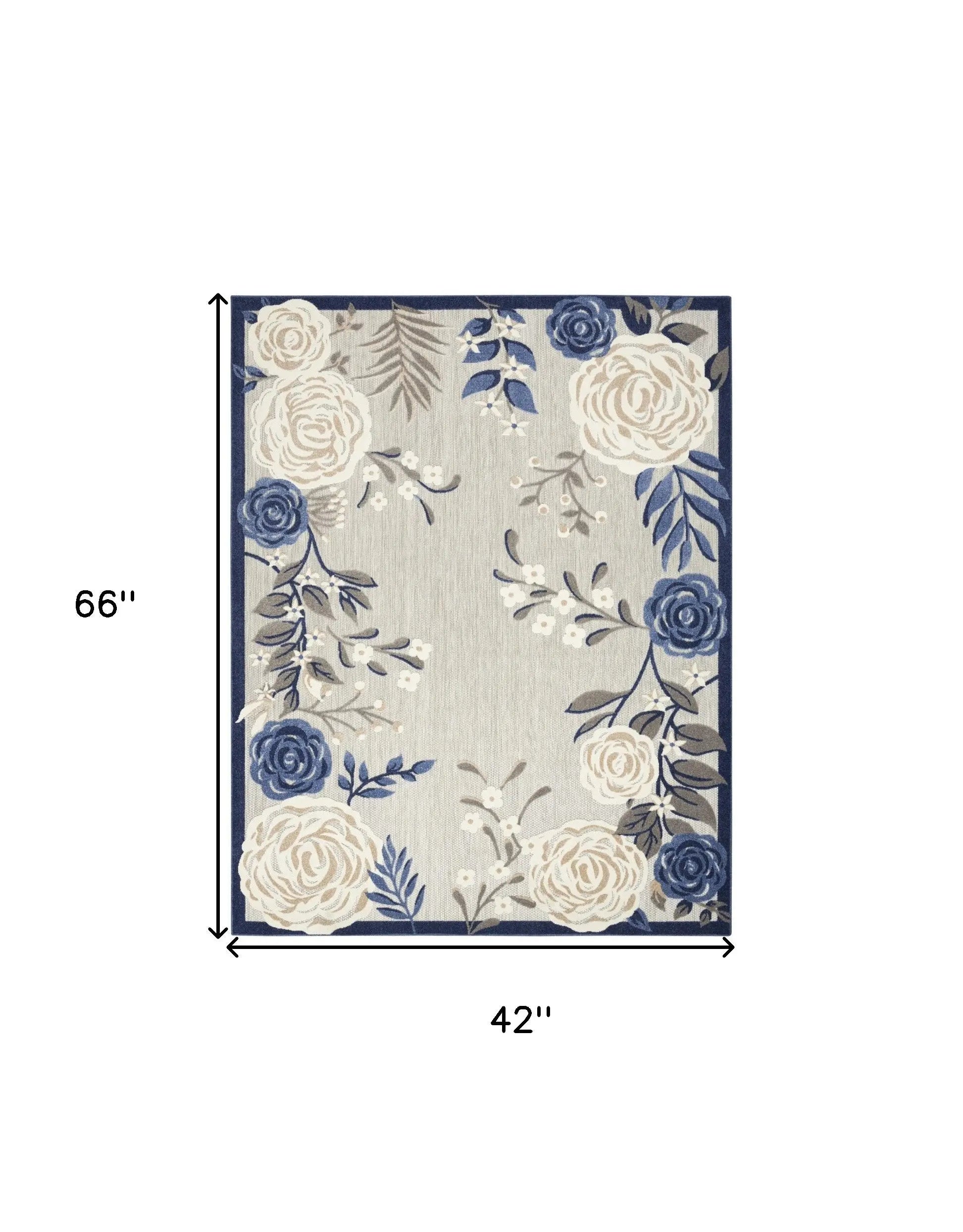 4' X 6' Blue And Grey Floral Stain Resistant Non Skid Area Rug Homeroots Outdoor