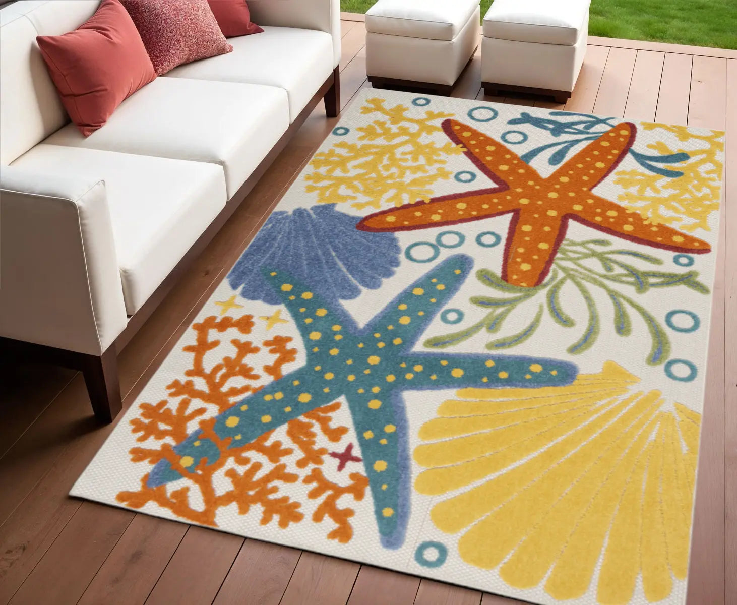 4' X 6' Blue Yellow And Orange Starfish Indoor Outdoor Area Rug Homeroots Outdoor