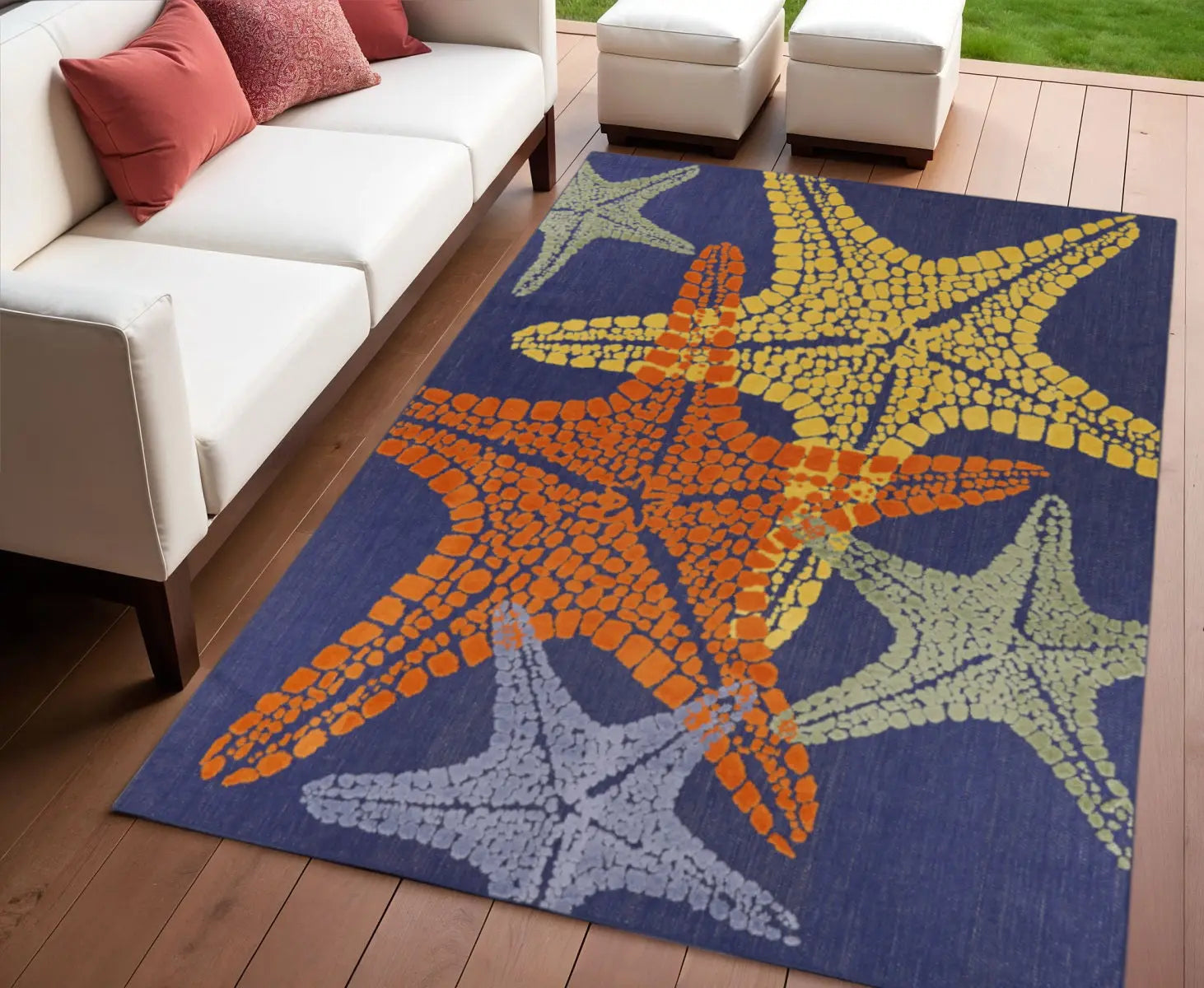 4' X 6' Blue Yellow And Orange Starfish Indoor Outdoor Area Rug Homeroots Outdoor