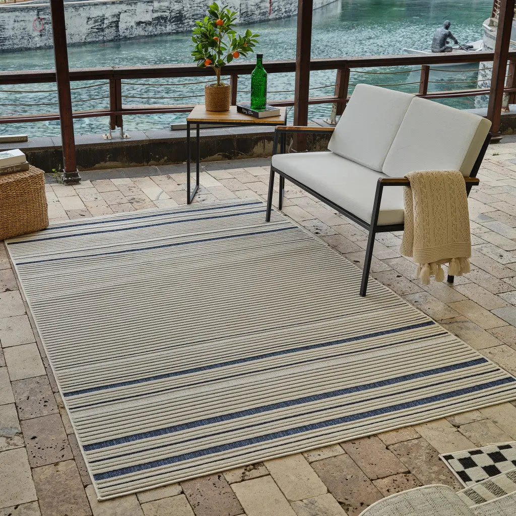 4' X 6' Blue and Cream Striped Distressed Indoor Outdoor Area Rug Homeroots Outdoor