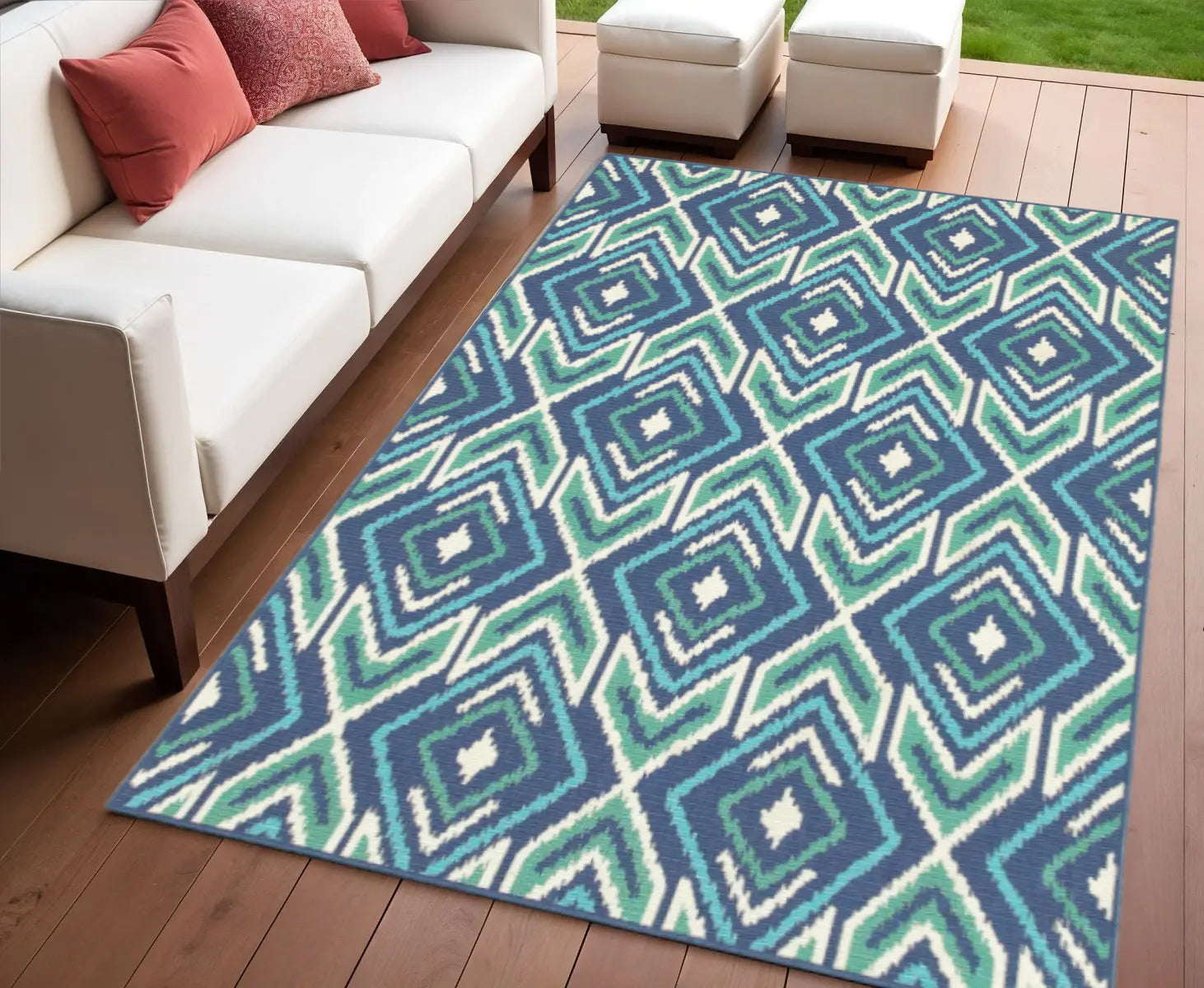 4' X 6' Blue and Ivory Geometric Stain Resistant Indoor Outdoor Area Rug Homeroots Outdoor