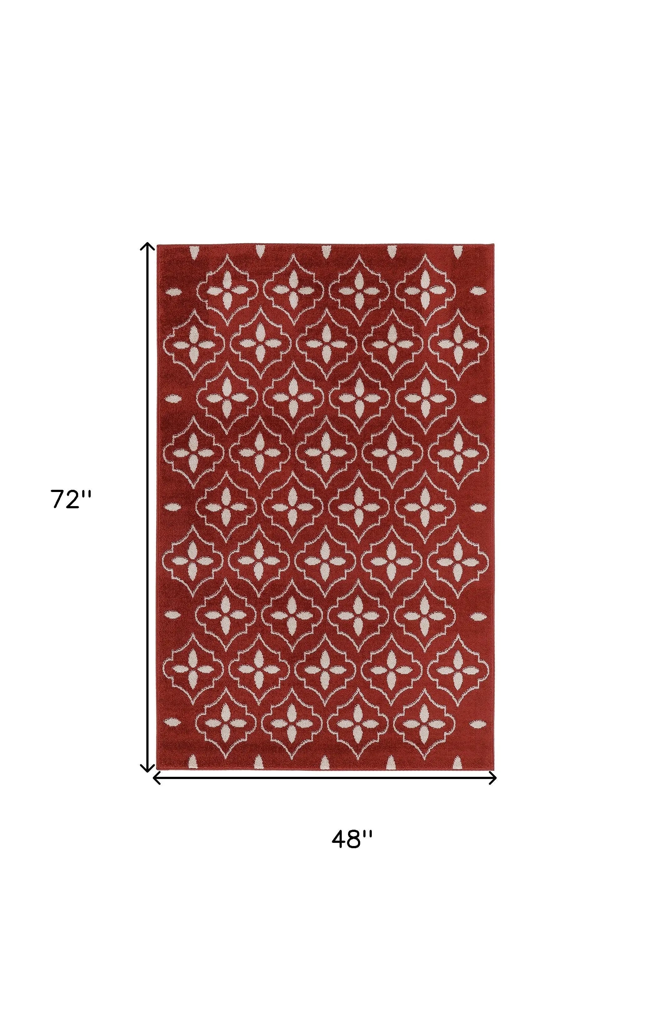 4' X 6' Brick Red And Ivory Geometric Indoor Outdoor Area Rug Homeroots Outdoor