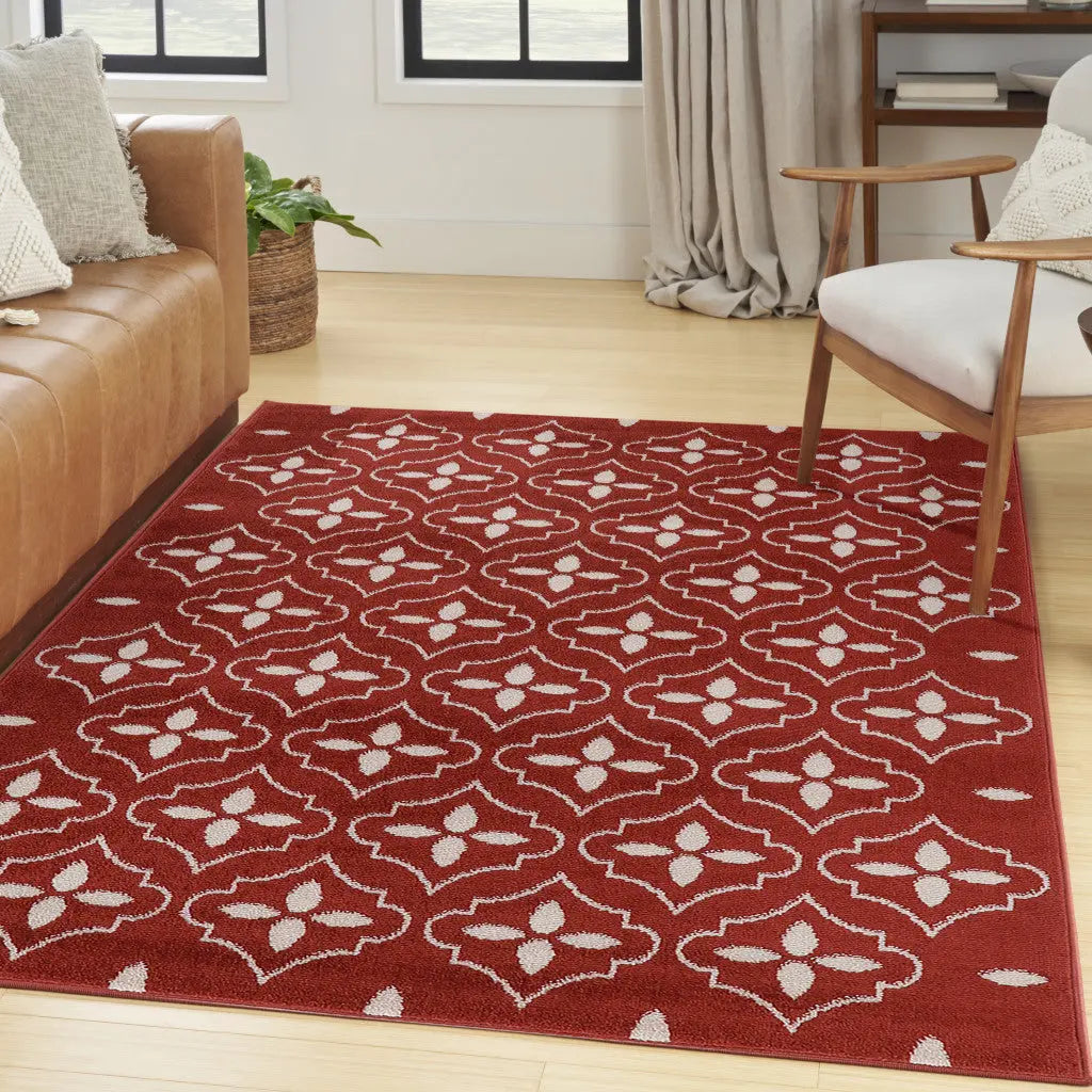 4' X 6' Brick Red And Ivory Geometric Indoor Outdoor Area Rug Homeroots Outdoor