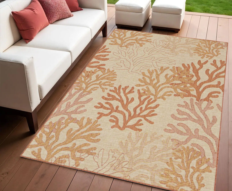 4' X 6' Coral And Beige Nautical Indoor Outdoor Area Rug Homeroots Outdoor
