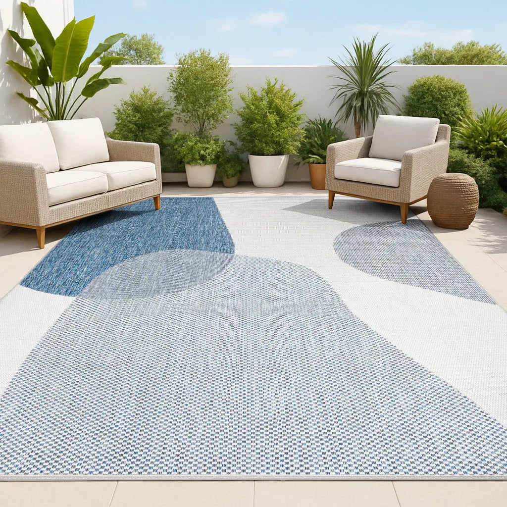 4' X 6' Cream And Navy Blue Geometric Indoor Outdoor Area Rug Homeroots Outdoor