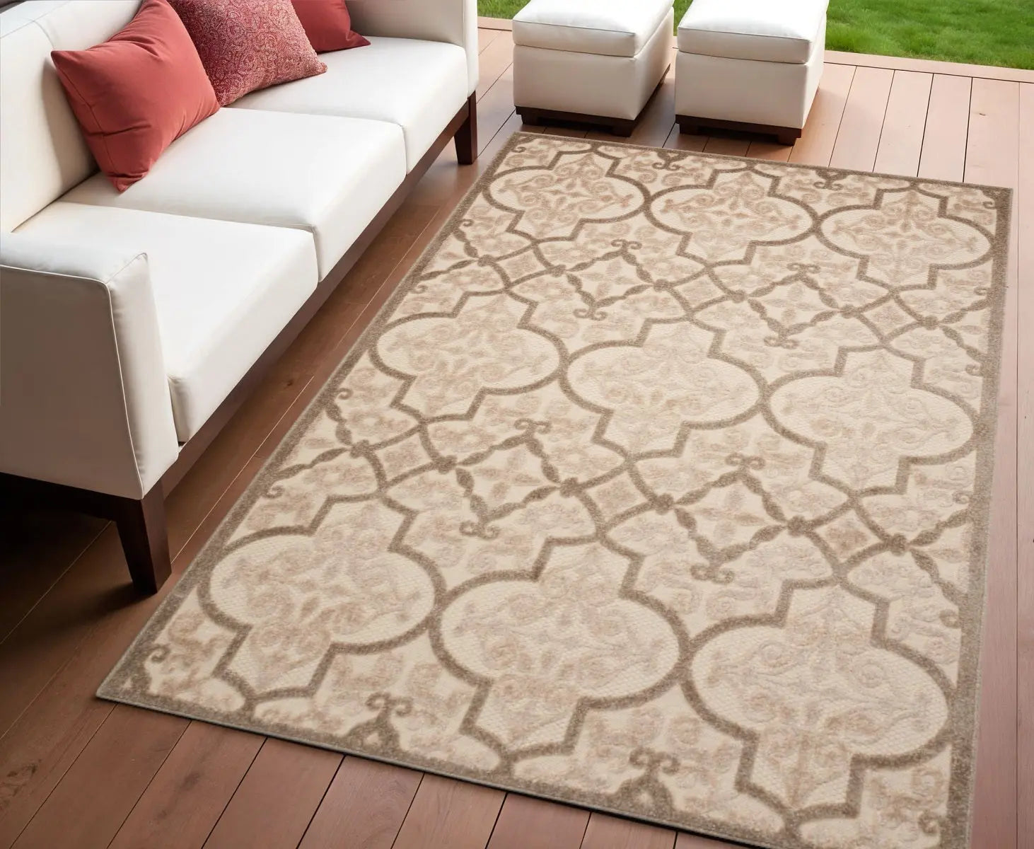 4' X 6' Cream Beige And Brown Trellis Indoor Outdoor Area Rug Homeroots Outdoor