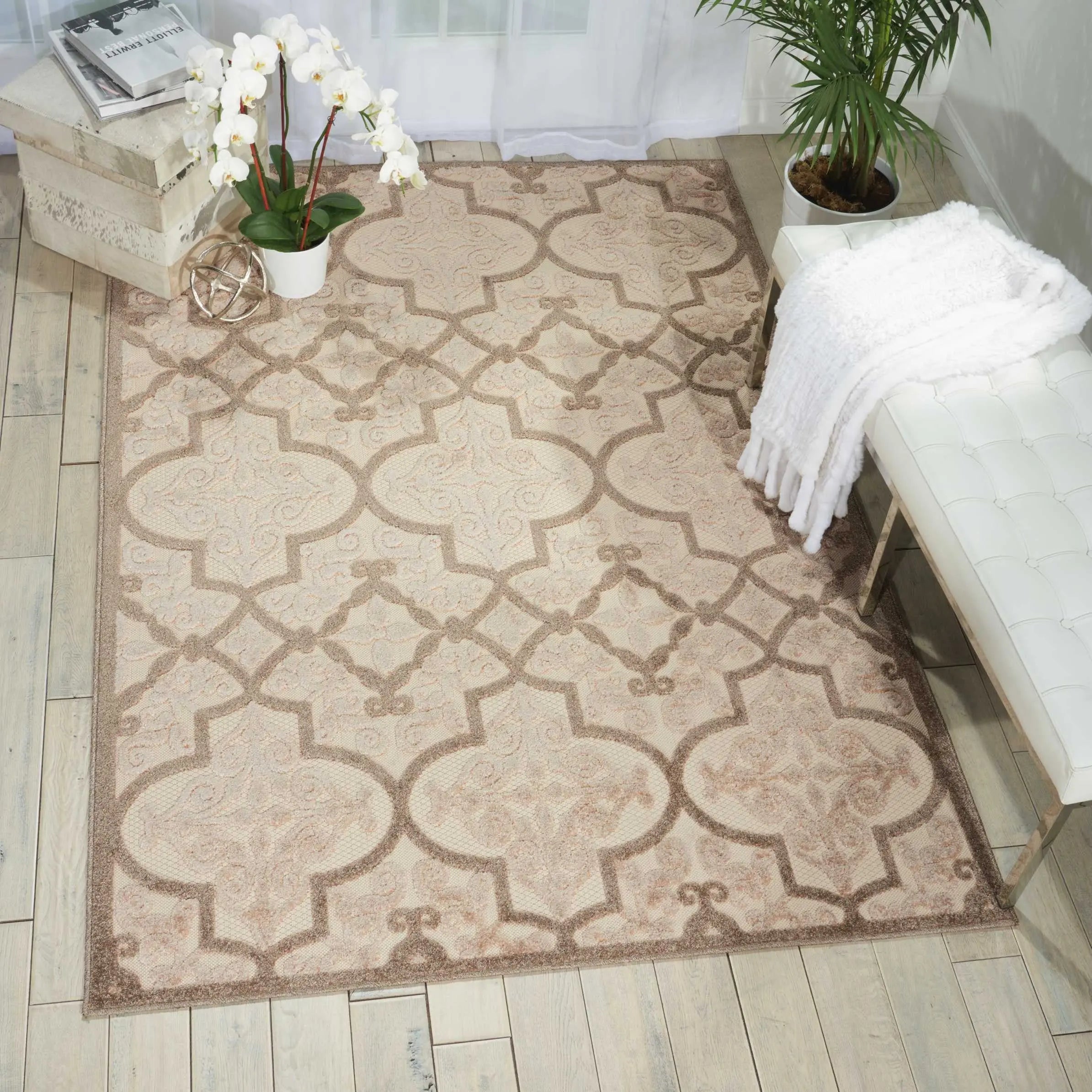 4' X 6' Cream Beige And Brown Trellis Indoor Outdoor Area Rug Homeroots Outdoor