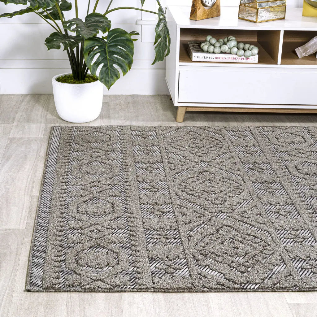 4' X 6' Dark Gray And Ivory Moroccan Indoor Outdoor Area Rug - GreatEagleInc