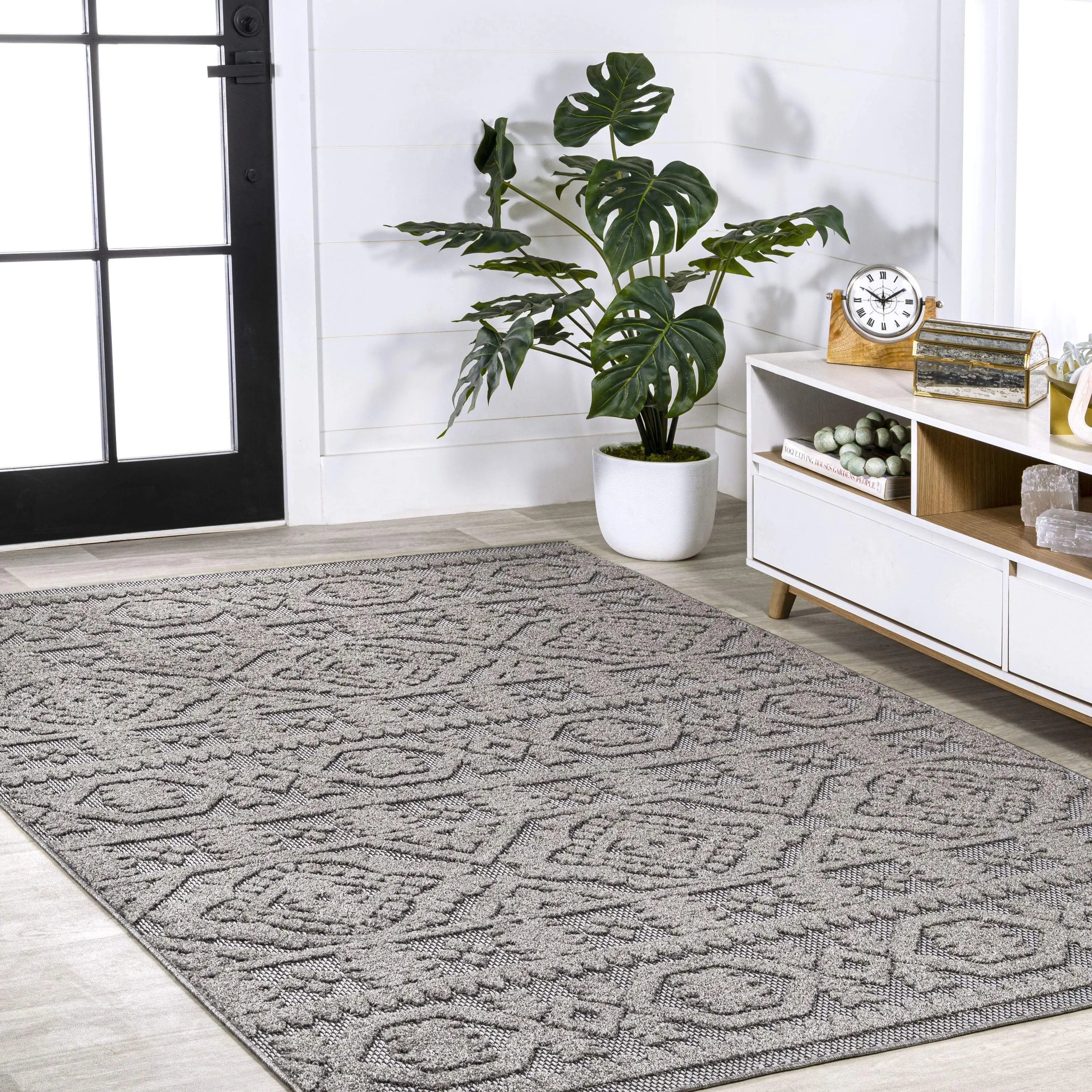 4' X 6' Dark Gray And Ivory Moroccan Indoor Outdoor Area Rug - GreatEagleInc