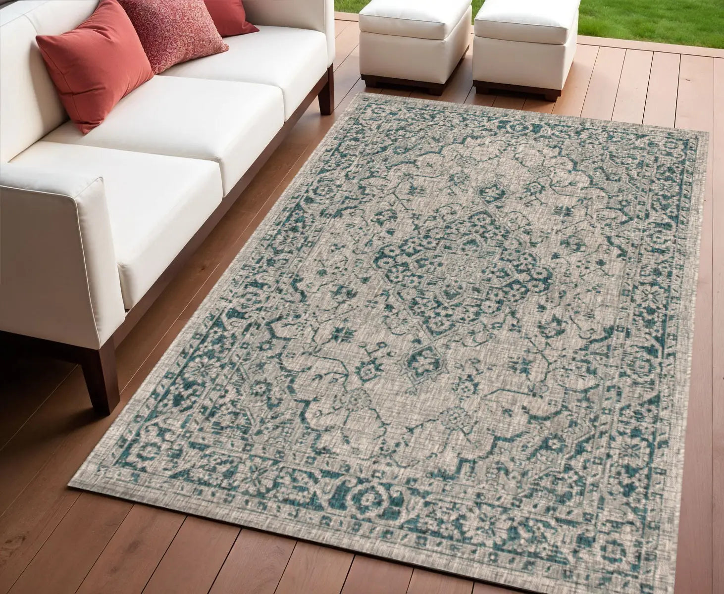 4' X 6' Gray And Teal Blue Medallion Indoor Outdoor Area Rug Homeroots Outdoor