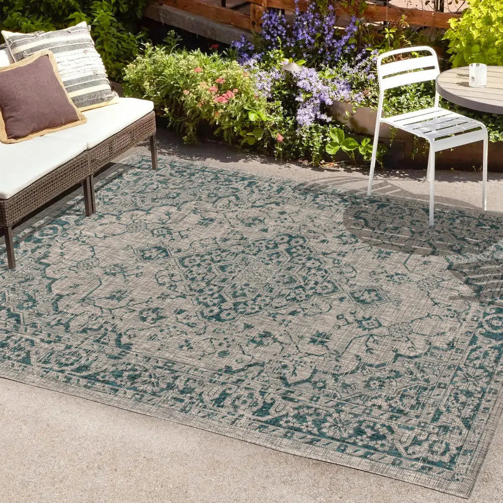 4' X 6' Gray And Teal Blue Medallion Indoor Outdoor Area Rug Homeroots Outdoor