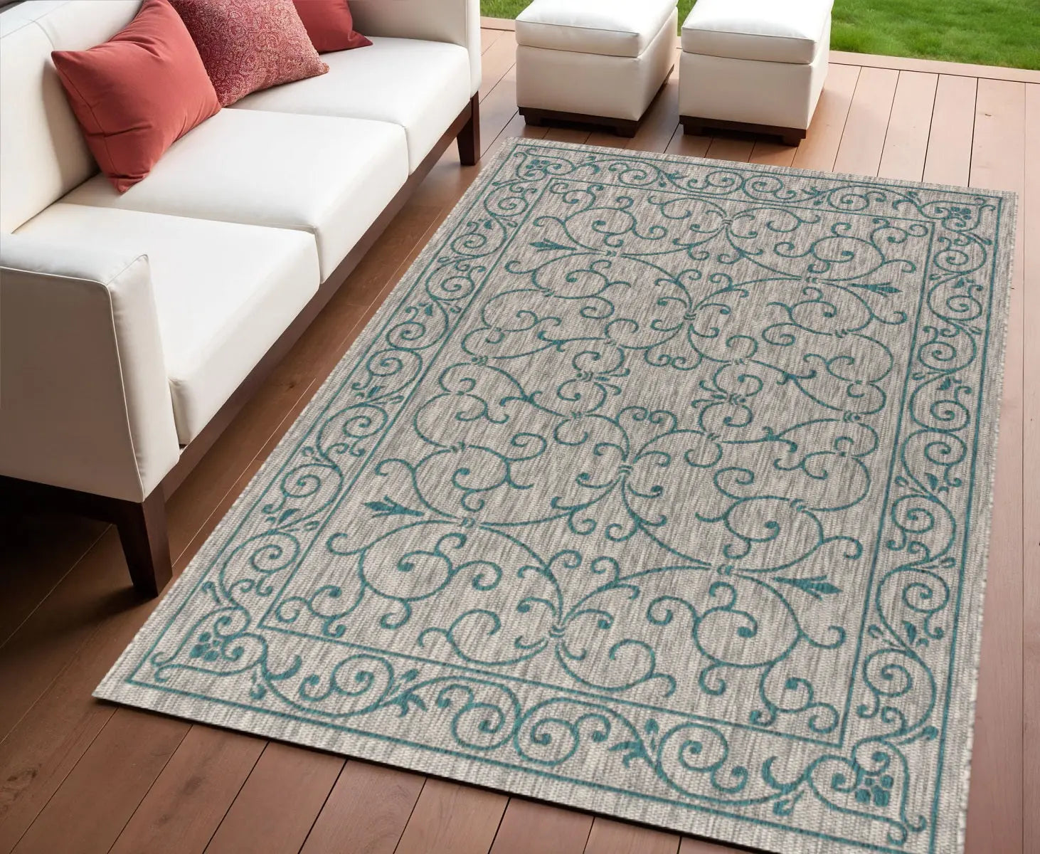 4' X 6' Gray And Teal Blue Medallion Indoor Outdoor Area Rug Homeroots Outdoor
