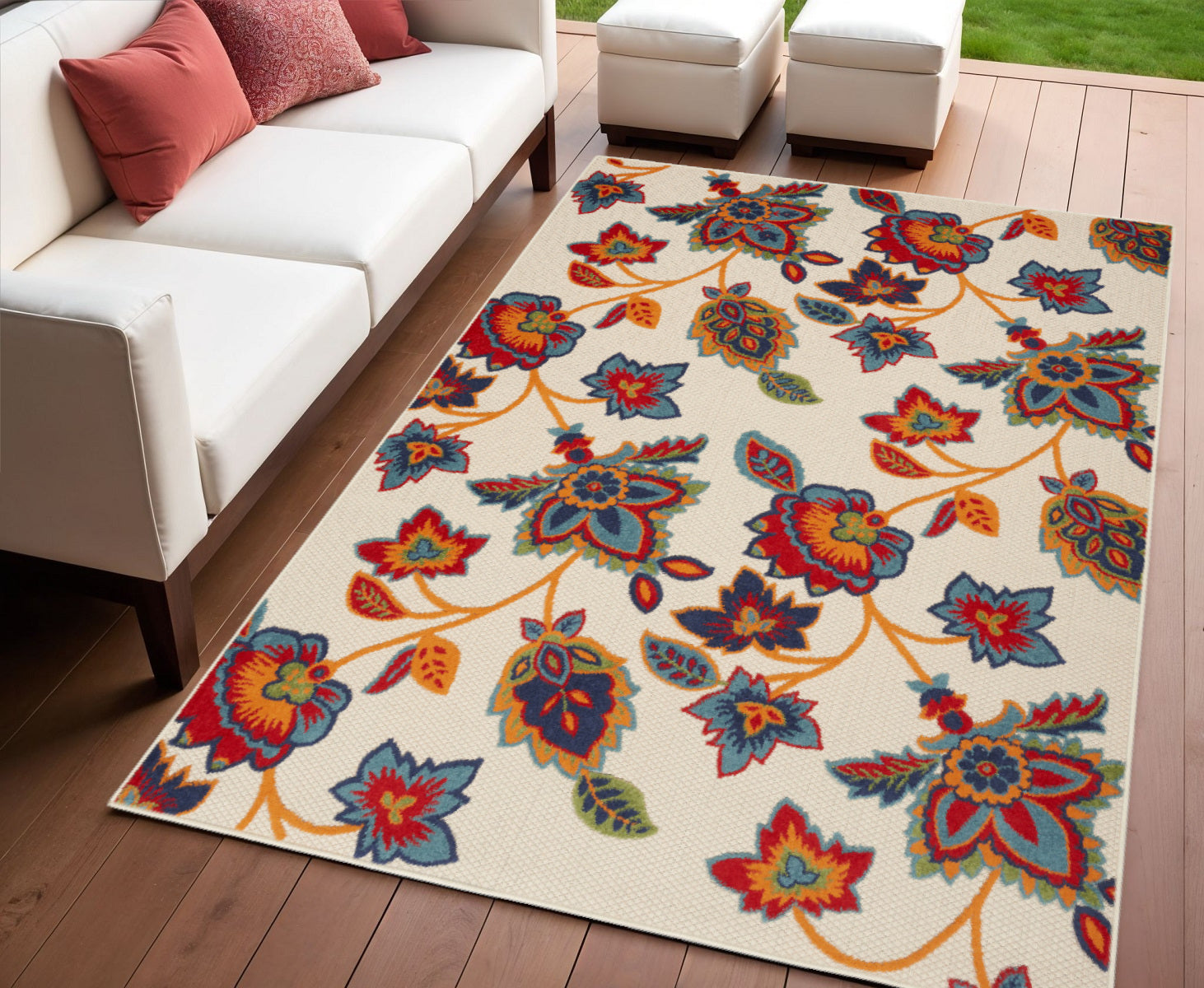 4' X 6' Gray Blue and Orange Floral Non Skid Indoor Outdoor Area Rug Homeroots Outdoor
