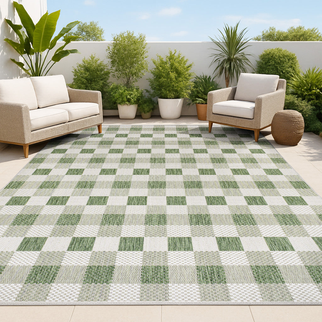 4' X 6' Green And Cream Geometric Indoor Outdoor Area Rug - GreatEagleInc