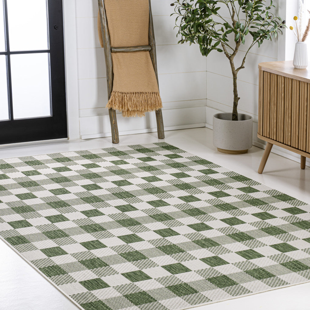 4' X 6' Green And Cream Geometric Indoor Outdoor Area Rug - GreatEagleInc