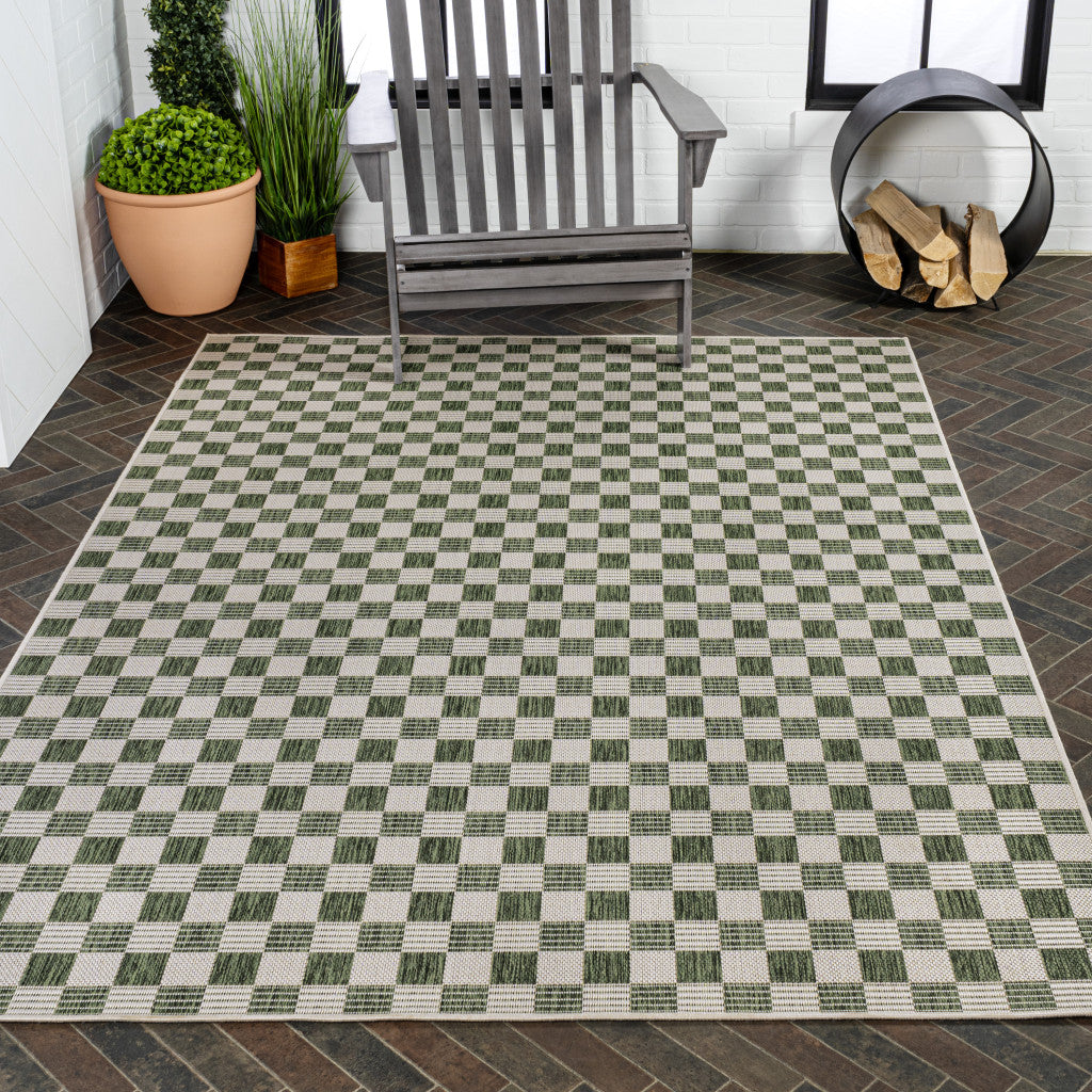 4' X 6' Green And Cream Geometric Indoor Outdoor Area Rug - GreatEagleInc