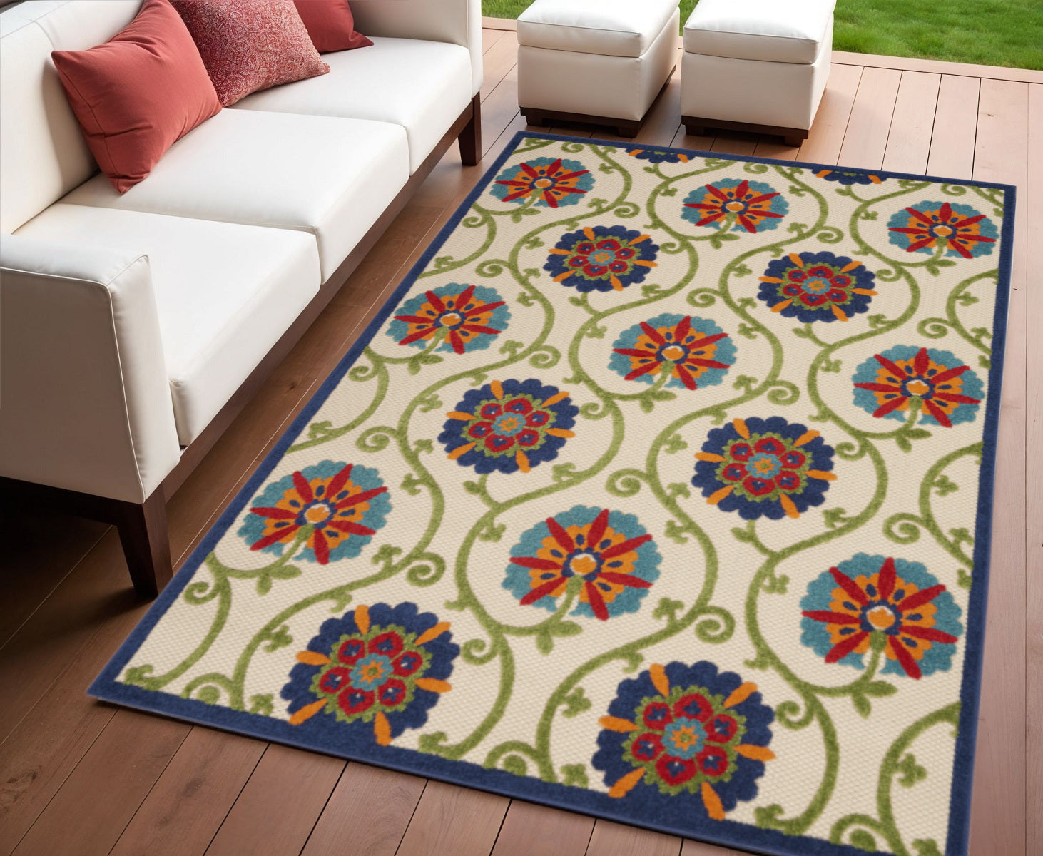 4' X 6' Ivory And Blue Indoor Outdoor Area Rug - GreatEagleInc