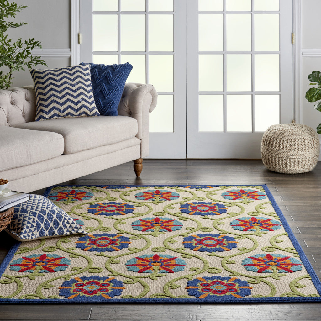 4' X 6' Ivory And Blue Indoor Outdoor Area Rug - GreatEagleInc
