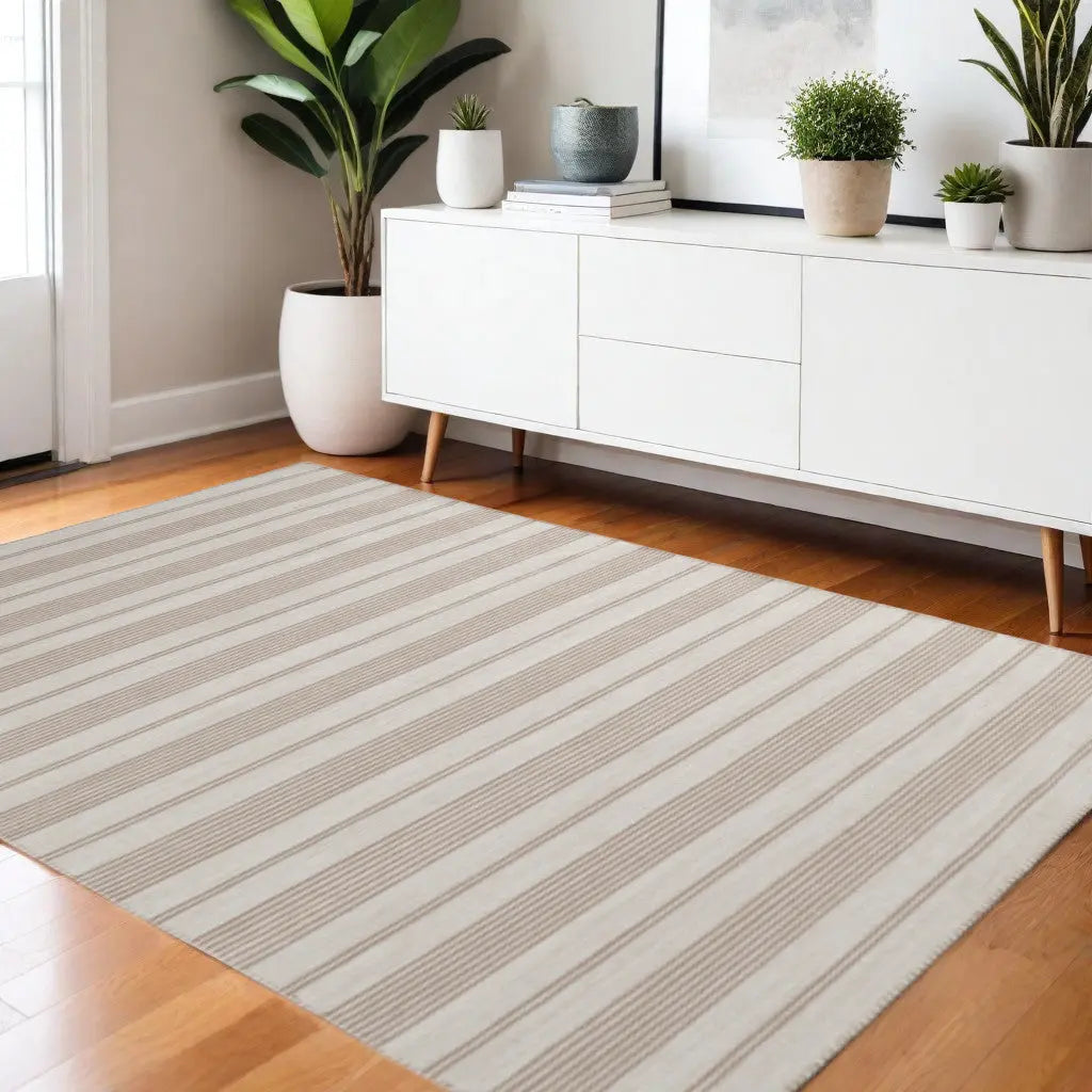 4' X 6' Ivory And Taupe Striped Hand Woven Area Rug Homeroots Outdoor