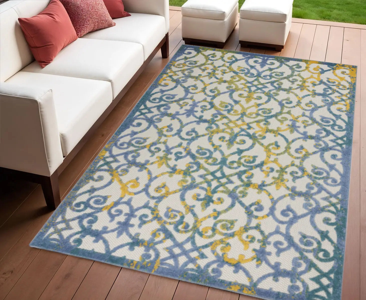 4' X 6' Ivory Blue And Yellow Trellis Indoor Outdoor Area Rug Homeroots Outdoor