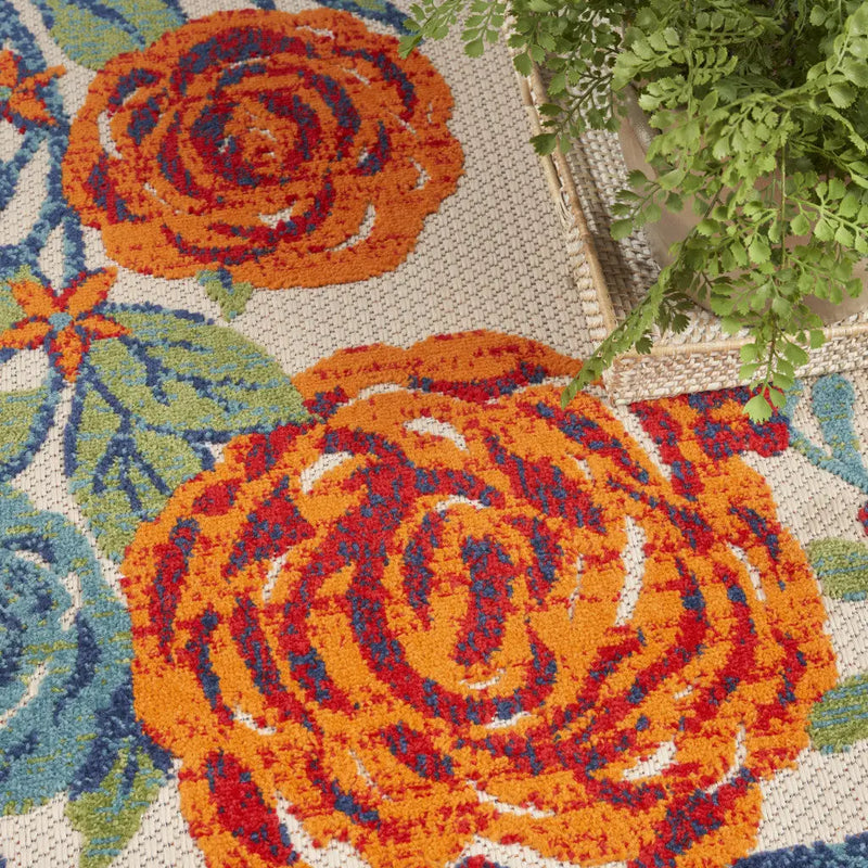 4' X 6' Ivory Blue Orange And Green Floral Indoor Outdoor Area Rug Homeroots Outdoor