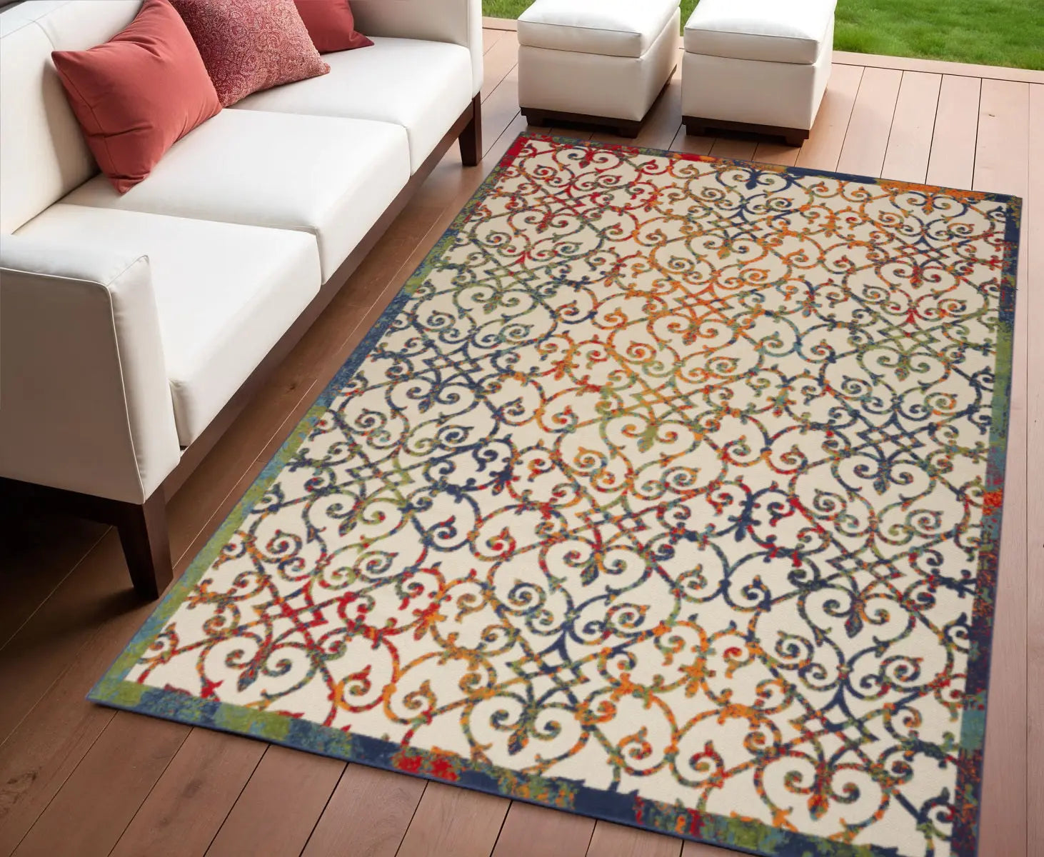 4' X 6' Ivory Blue Orange And Green Trellis Indoor Outdoor Area Rug Homeroots Outdoor