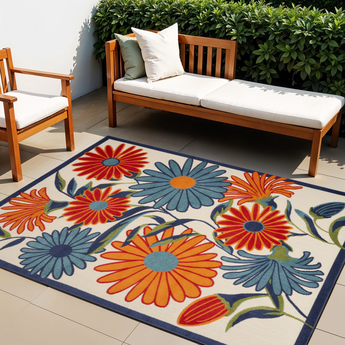 4' X 6' Ivory Blue and Orange Floral Non Skid Indoor Outdoor Area Rug Homeroots Outdoor