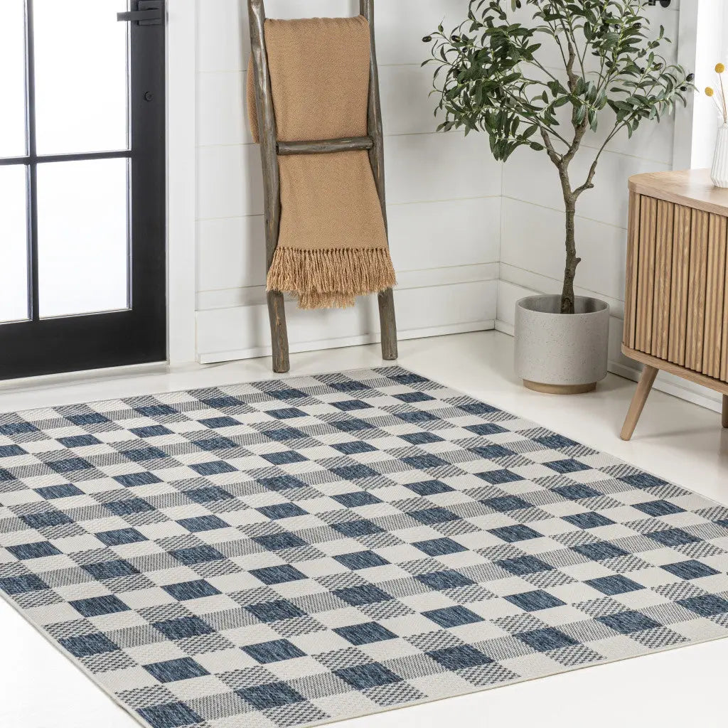 4' X 6' Navy Blue And Cream Geometric Indoor Outdoor Area Rug Homeroots Outdoor