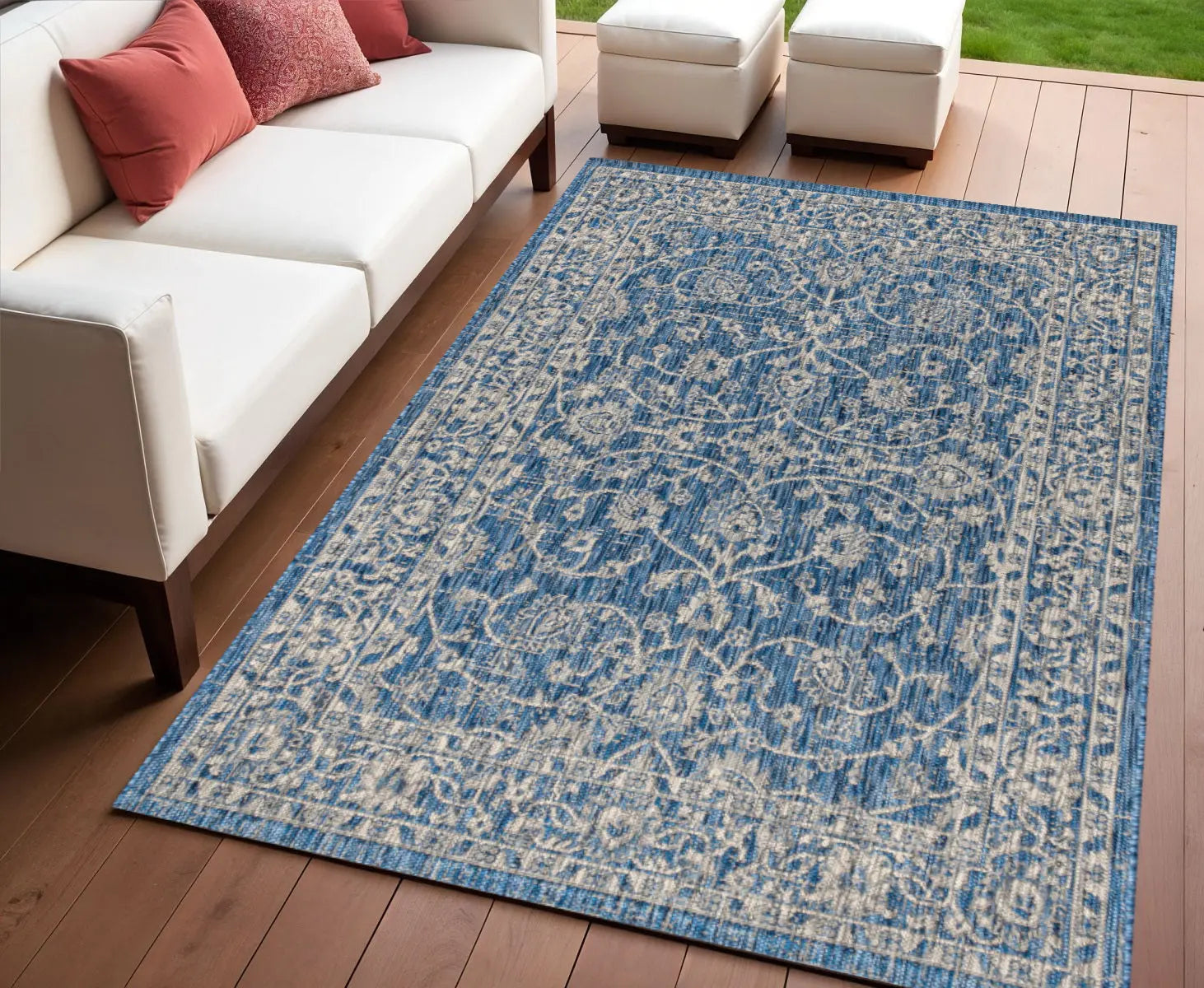 4' X 6' Navy Blue And Gray Medallion Indoor Outdoor Area Rug Homeroots Outdoor