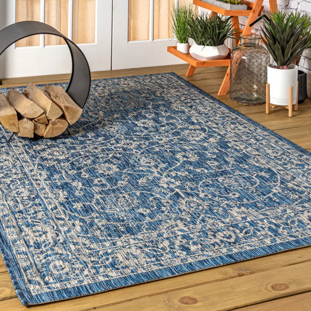 4' X 6' Navy Blue And Gray Medallion Indoor Outdoor Area Rug Homeroots Outdoor