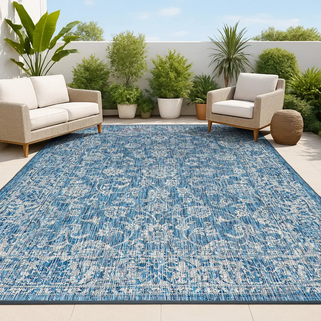 4' X 6' Navy Blue And Gray Medallion Indoor Outdoor Area Rug Homeroots Outdoor