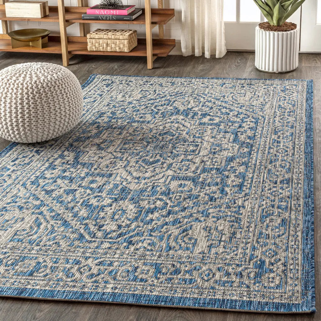 4' X 6' Navy Blue And Gray Medallion Indoor Outdoor Area Rug Homeroots Outdoor