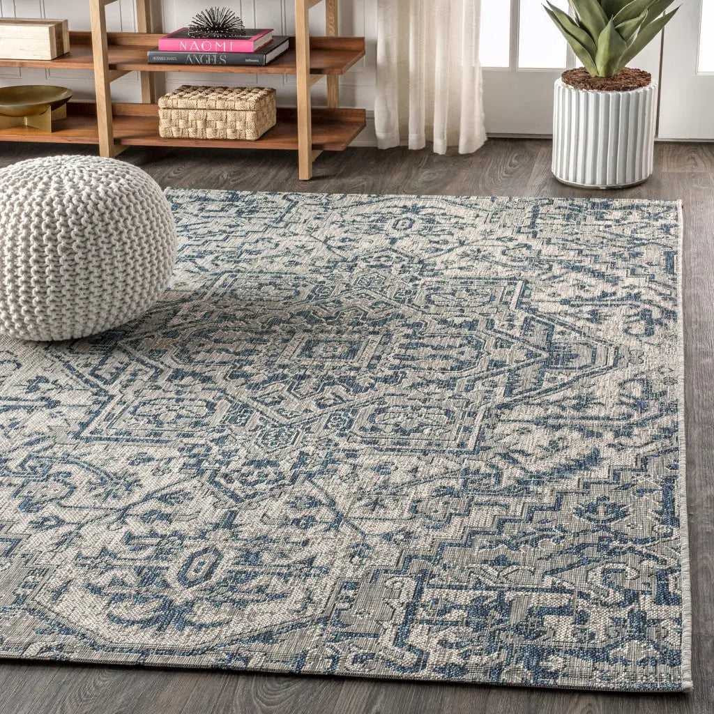 4' X 6' Navy Blue And Gray Medallion Indoor Outdoor Area Rug Homeroots Outdoor