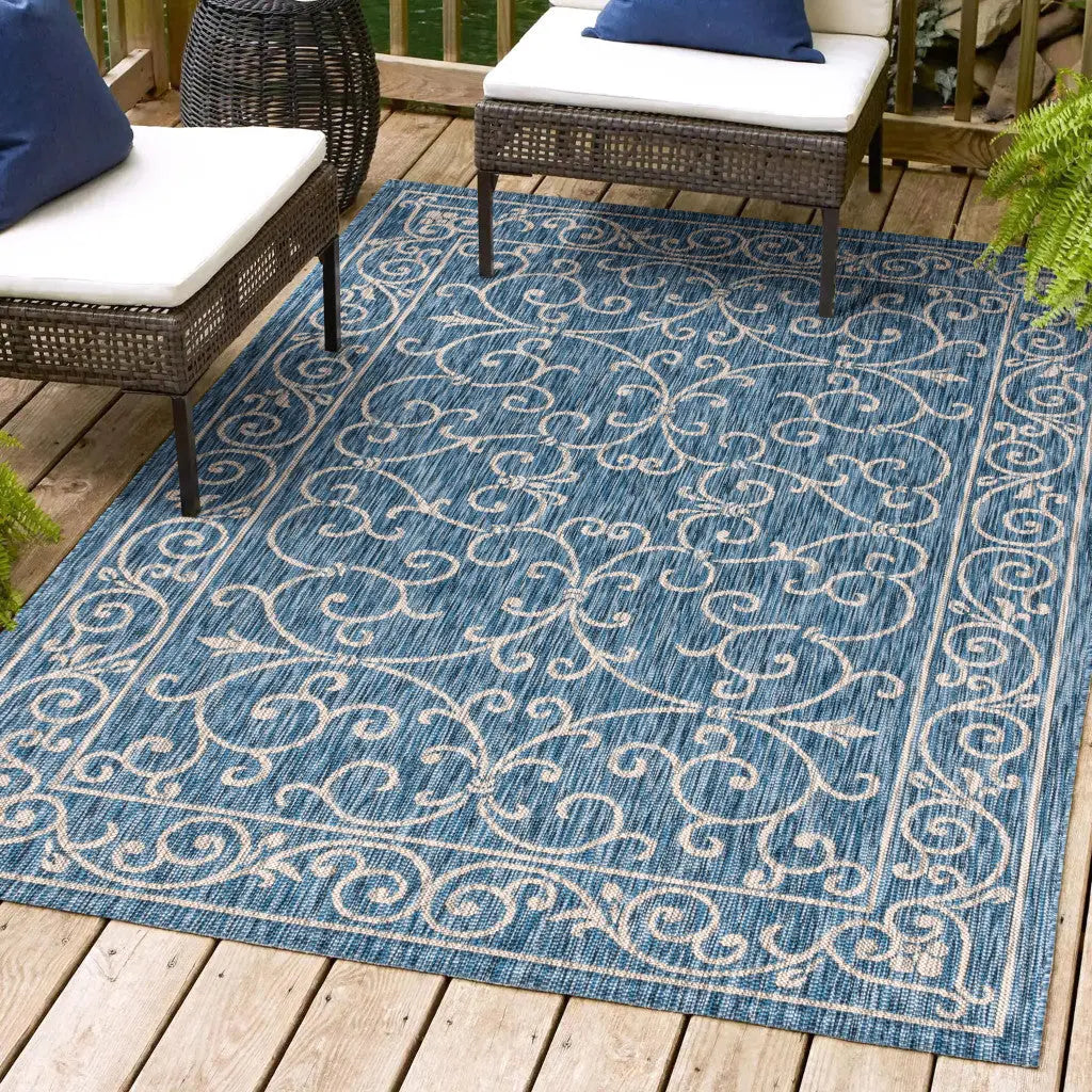 4' X 6' Navy Blue And Gray Medallion Indoor Outdoor Area Rug Homeroots Outdoor