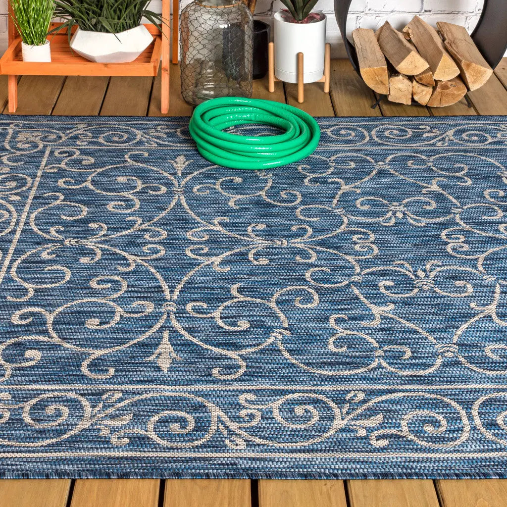 4' X 6' Navy Blue And Gray Medallion Indoor Outdoor Area Rug Homeroots Outdoor