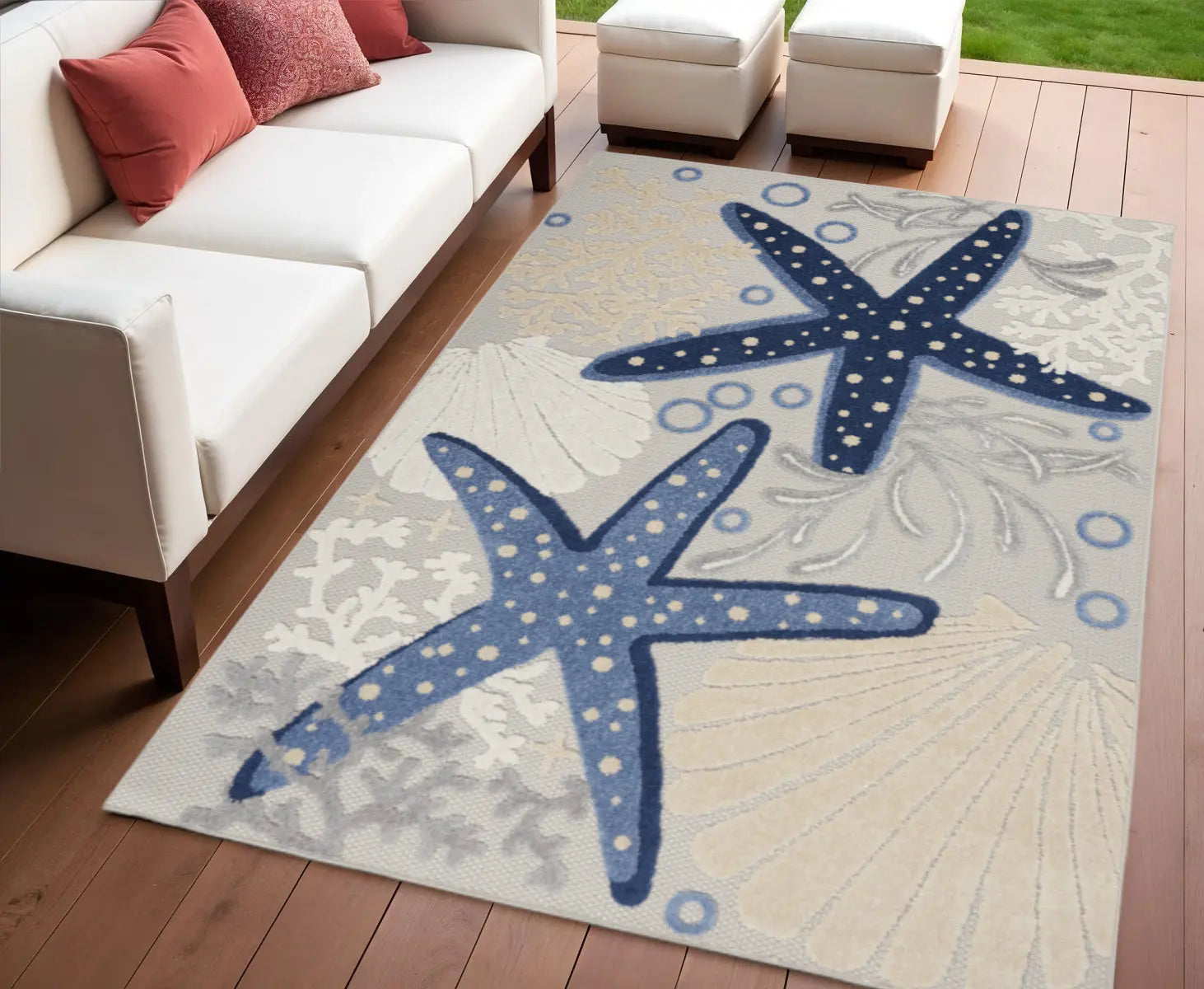 4' X 6' Navy Blue And Gray Starfish Indoor Outdoor Area Rug Homeroots Outdoor