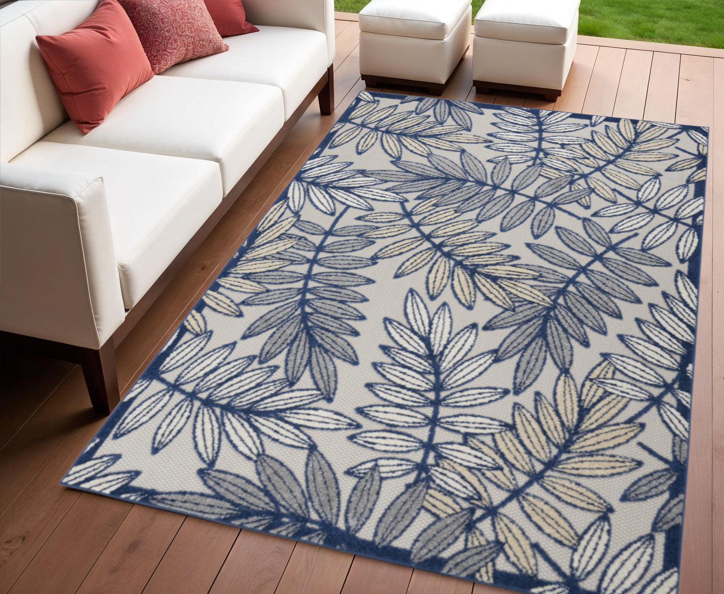 4' X 6' Navy Blue And Ivory Botanical Leaves Indoor Outdoor Area Rug Homeroots Outdoor