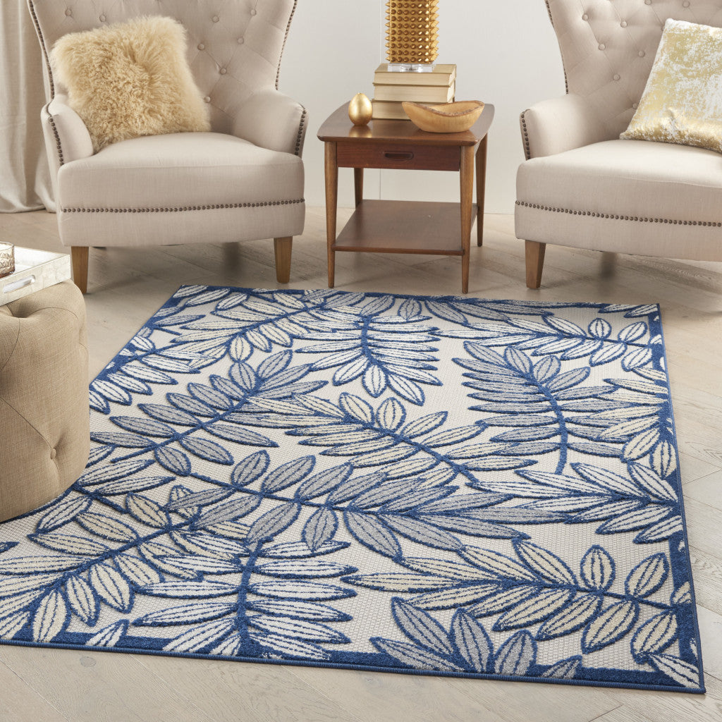 4' X 6' Navy Blue And Ivory Botanical Leaves Indoor Outdoor Area Rug Homeroots Outdoor