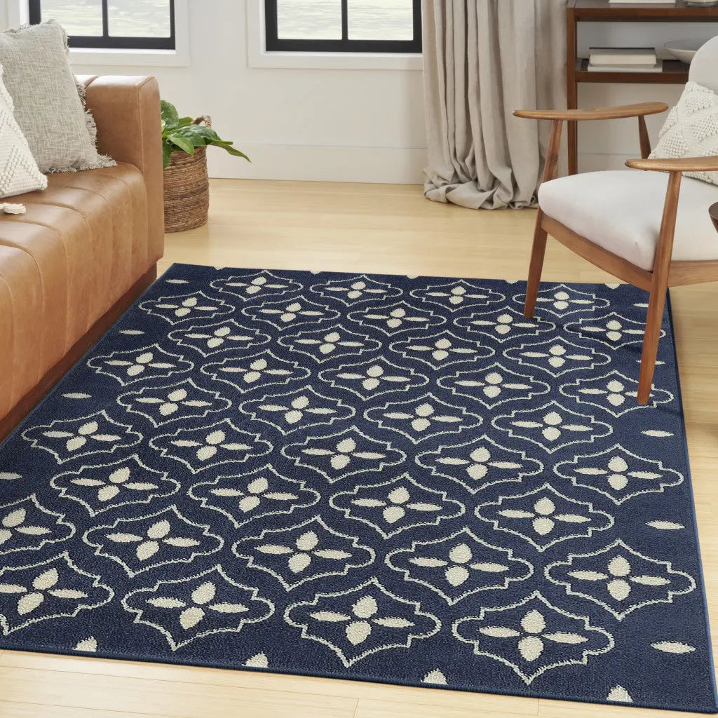 4' X 6' Navy Blue And Ivory Geometric Indoor Outdoor Area Rug Homeroots Outdoor