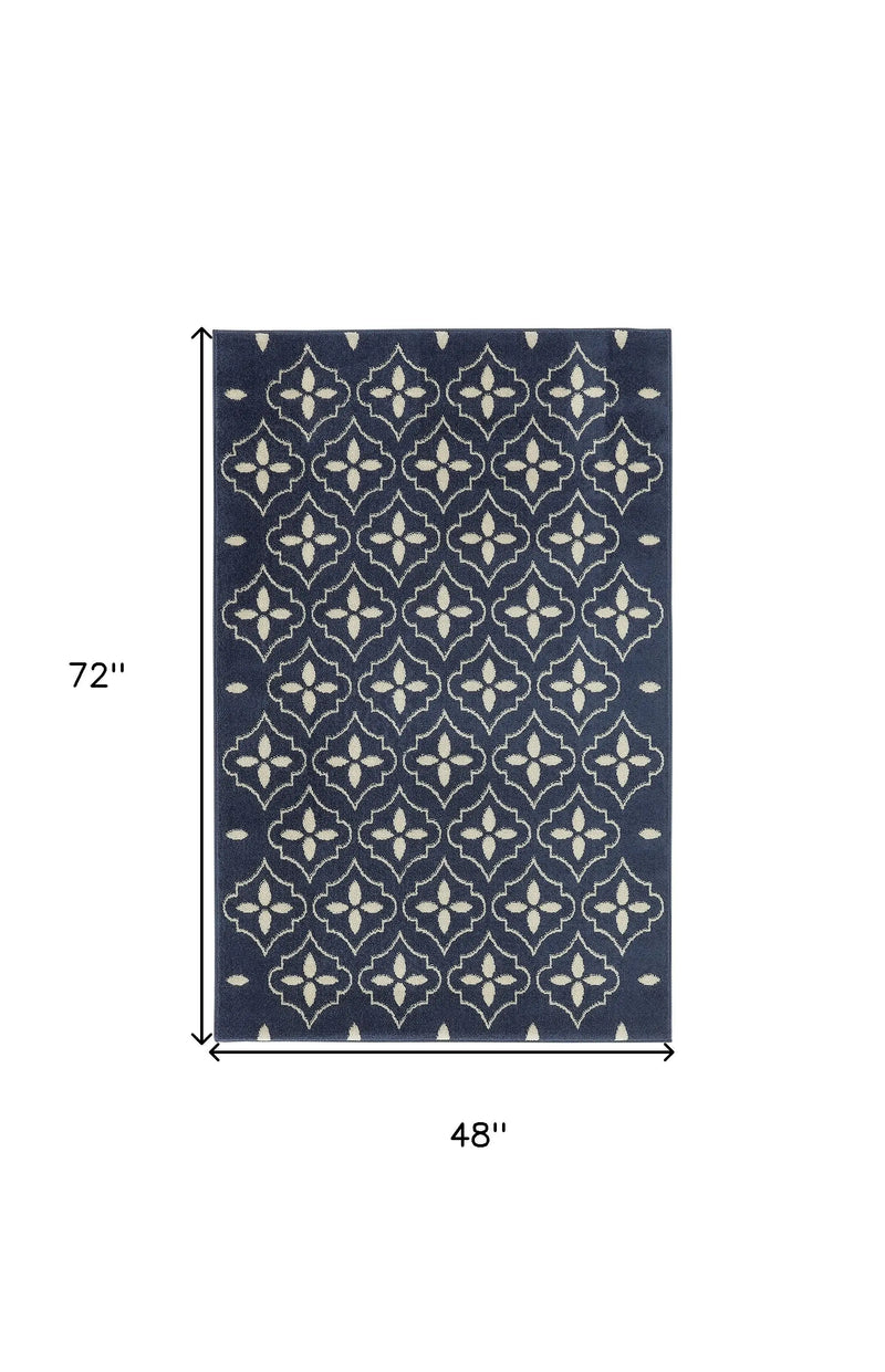 4' X 6' Navy Blue And Ivory Geometric Indoor Outdoor Area Rug Homeroots Outdoor