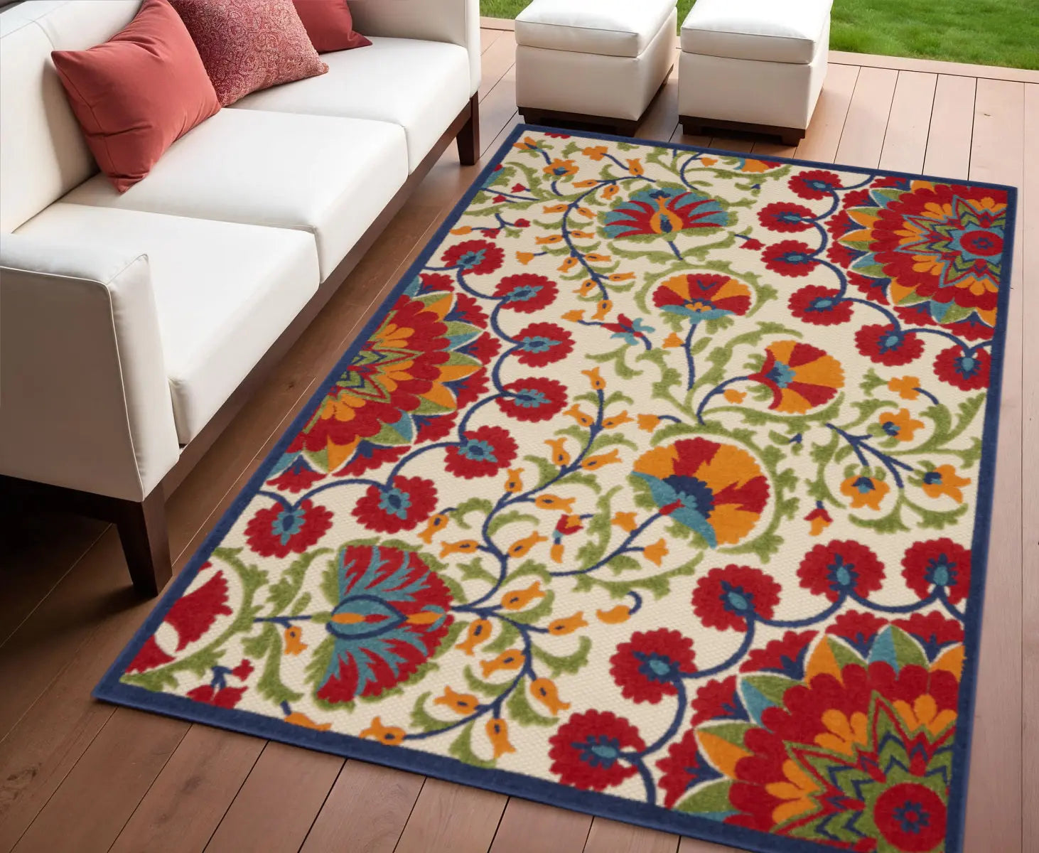 4' X 6' Navy Blue Beige Green Blue And Red Floral Indoor Outdoor Area Rug Homeroots Outdoor